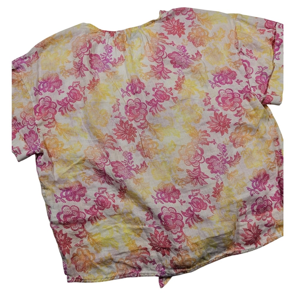 Charter Club Luxury Womens Lg Linen Floral Tie Front V-Neck Blouse Pink Yellow - Picture 2 of 7